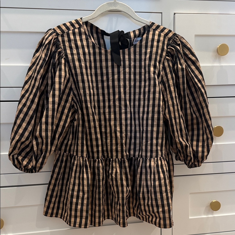Hunter Bell Black and Tan Checkered Puff Sleeve Blouse